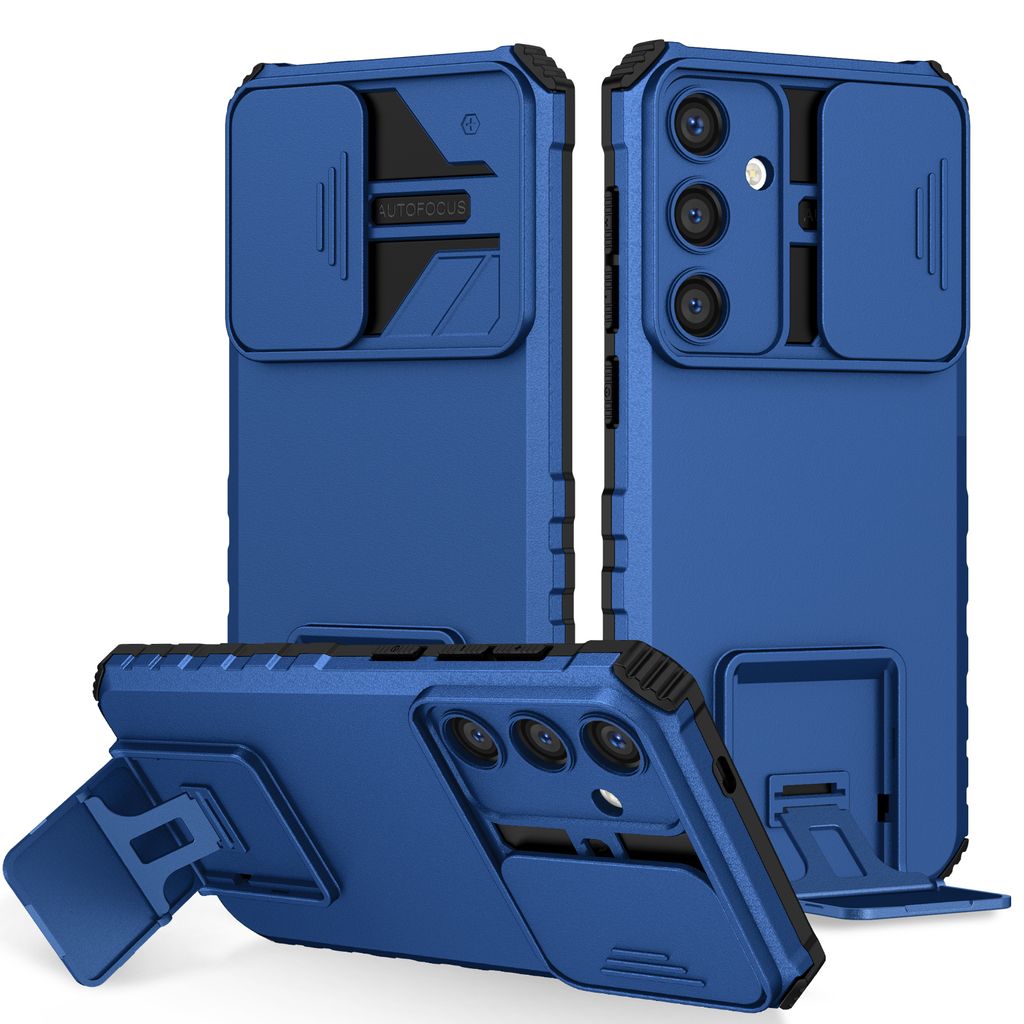 Galaxy S24+ Hülle, Dual Layer Ständer Schutzhülle mit Schiebe Kamera Schutz für Samsung Galaxy S24+ Blau