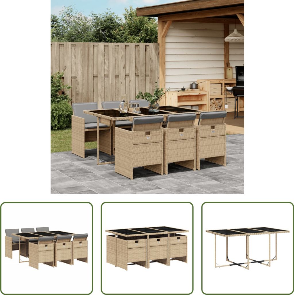 The Living Store 7-tlg. Garten-Essgruppe mit Kissen Beigemischung Poly Rattan
