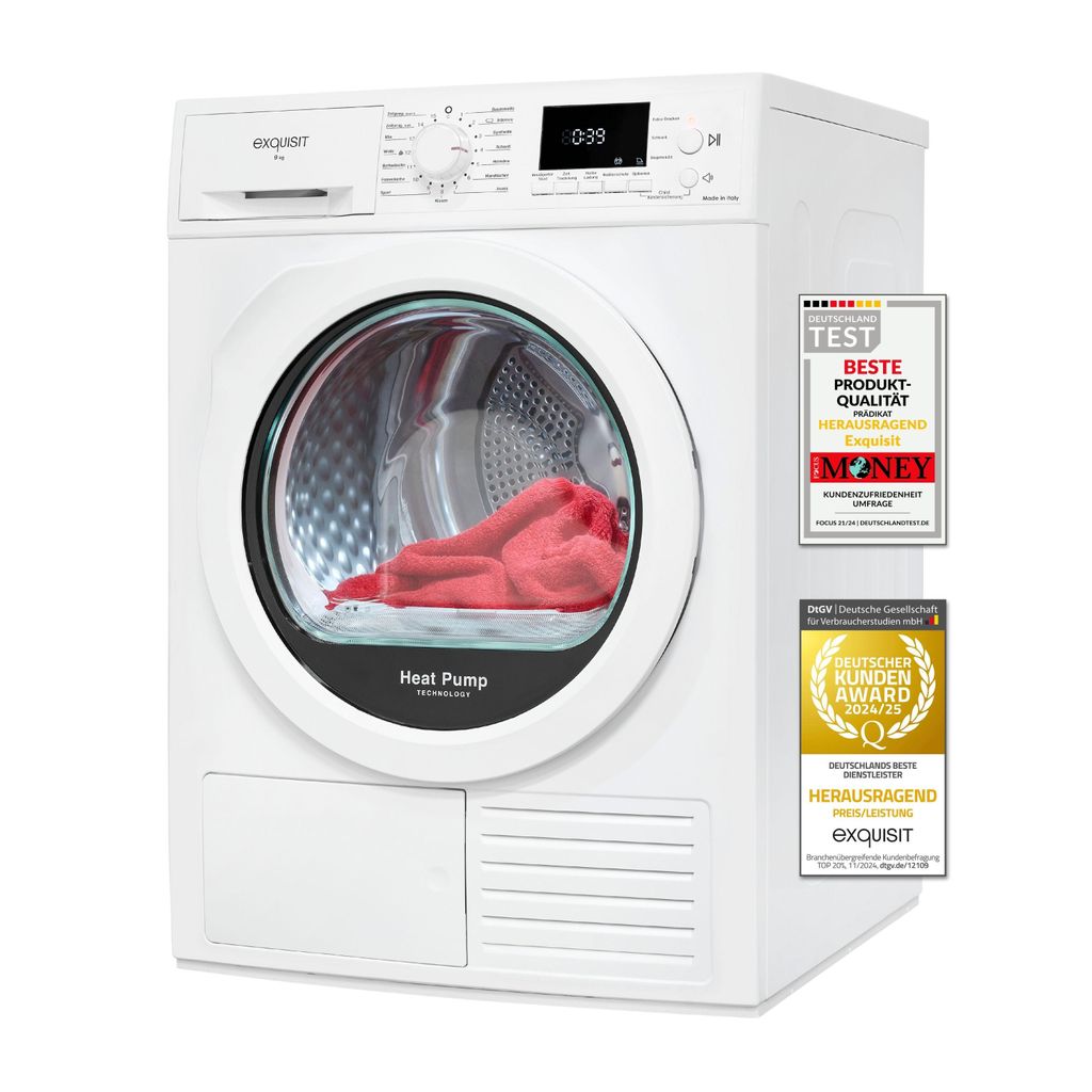 Exquisit Wärmepumpentrockner 9kg - leise Trocknung mit Knitterschutz, digitaler Anzeige & Schuhtray - TWP903-410 weiss
