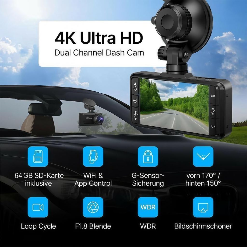 WiFi Dashcam 4K+1080P – Auto Kamera Vorne & Hinten Mit App, Nachtsicht, 64G SD-Karte | 170°+140° Weitwinkel