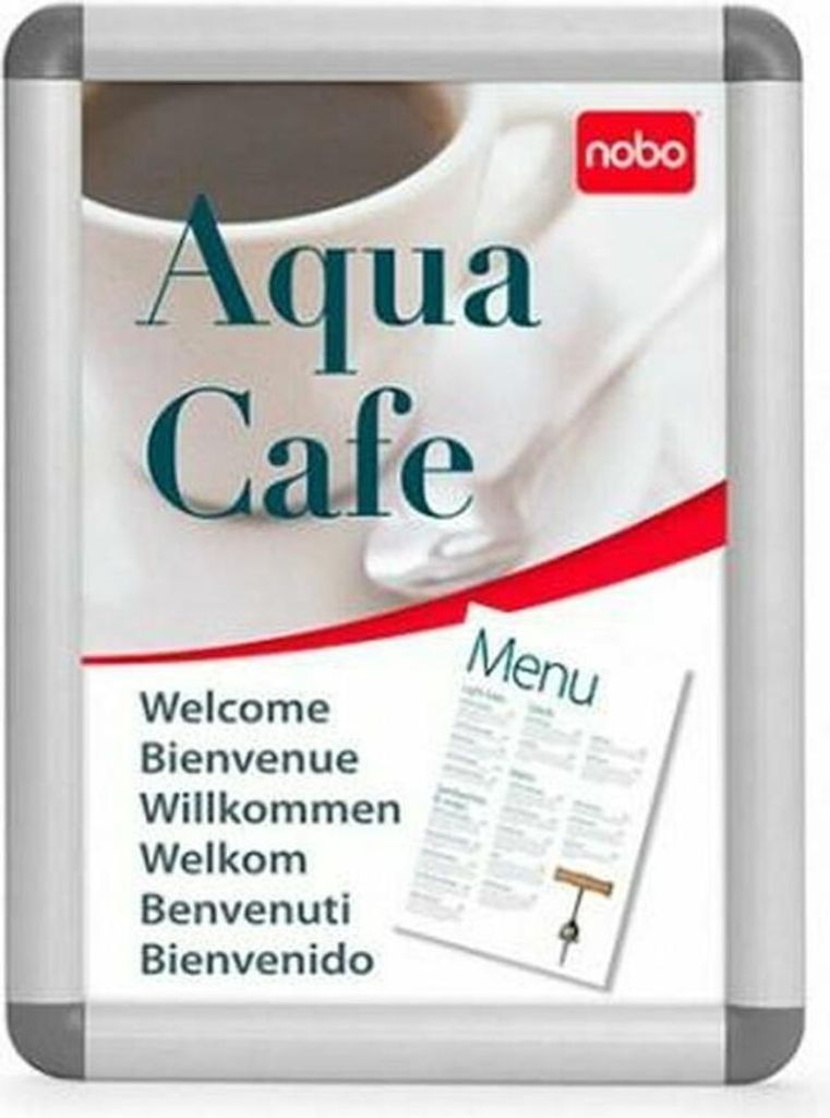 A framed poster advertising a cafe with a cup of coffee and menu.
