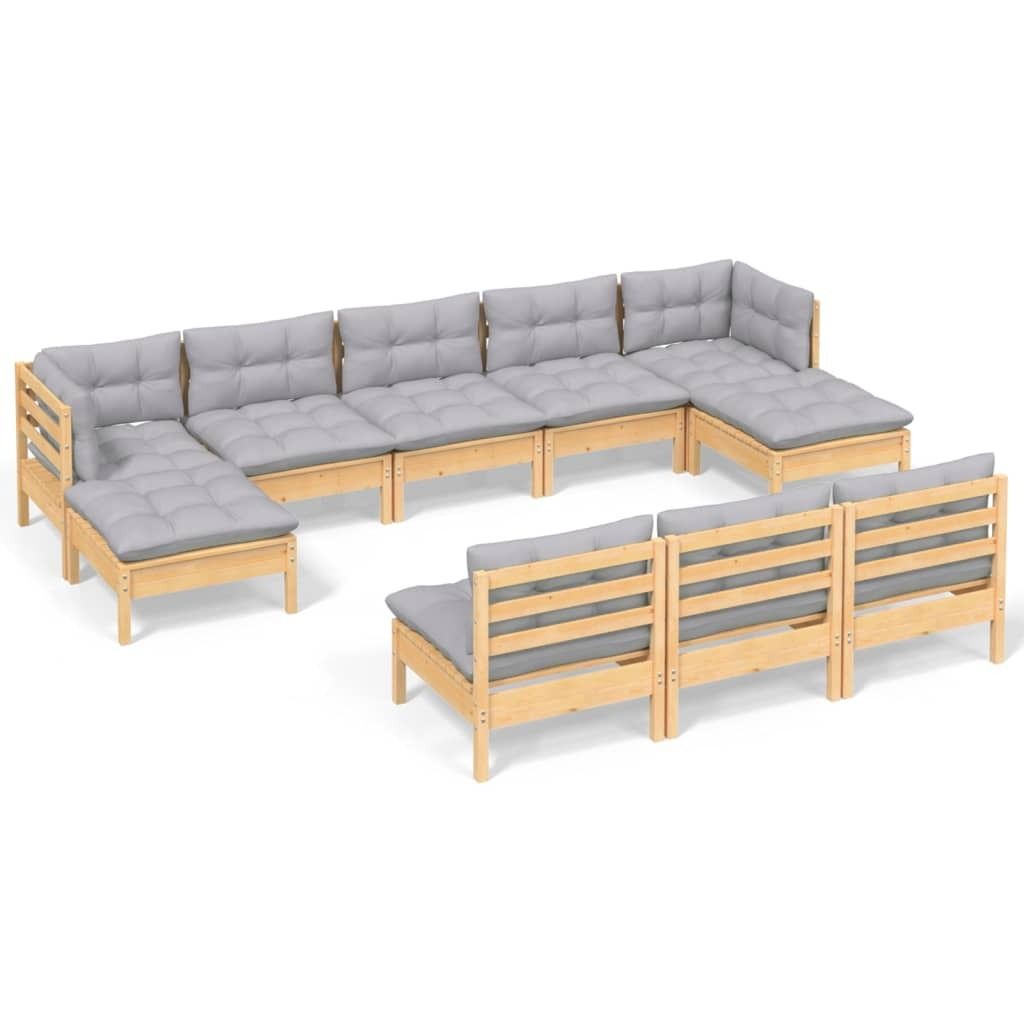 10-tlg. Garten-Lounge-Set mit Grauen Kissen Kiefernholz
