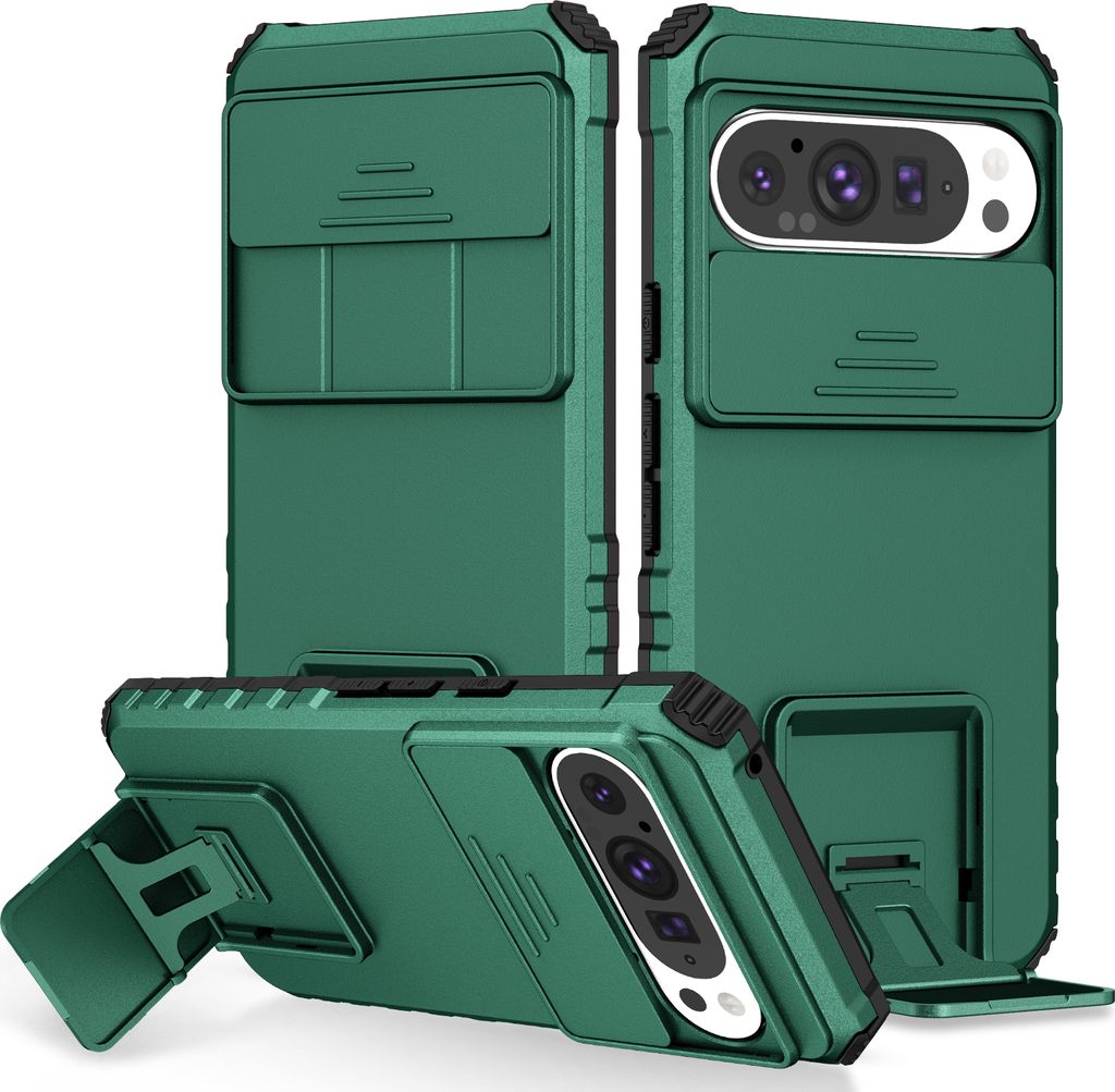 Dual Layer Hülle für Google Pixel 9 / Pixel 9 Pro Stossfest Robust Ständer Schutzhülle mit Schiebe Kamera Schutz Grün