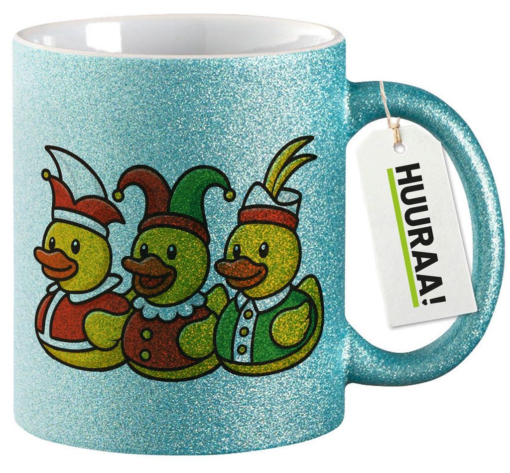 Huuraa Glitzertasse Quietscheente Dreigestirn Gummiente Karneval 330ml Blau Keramik Kaffeebecher Geschenkidee