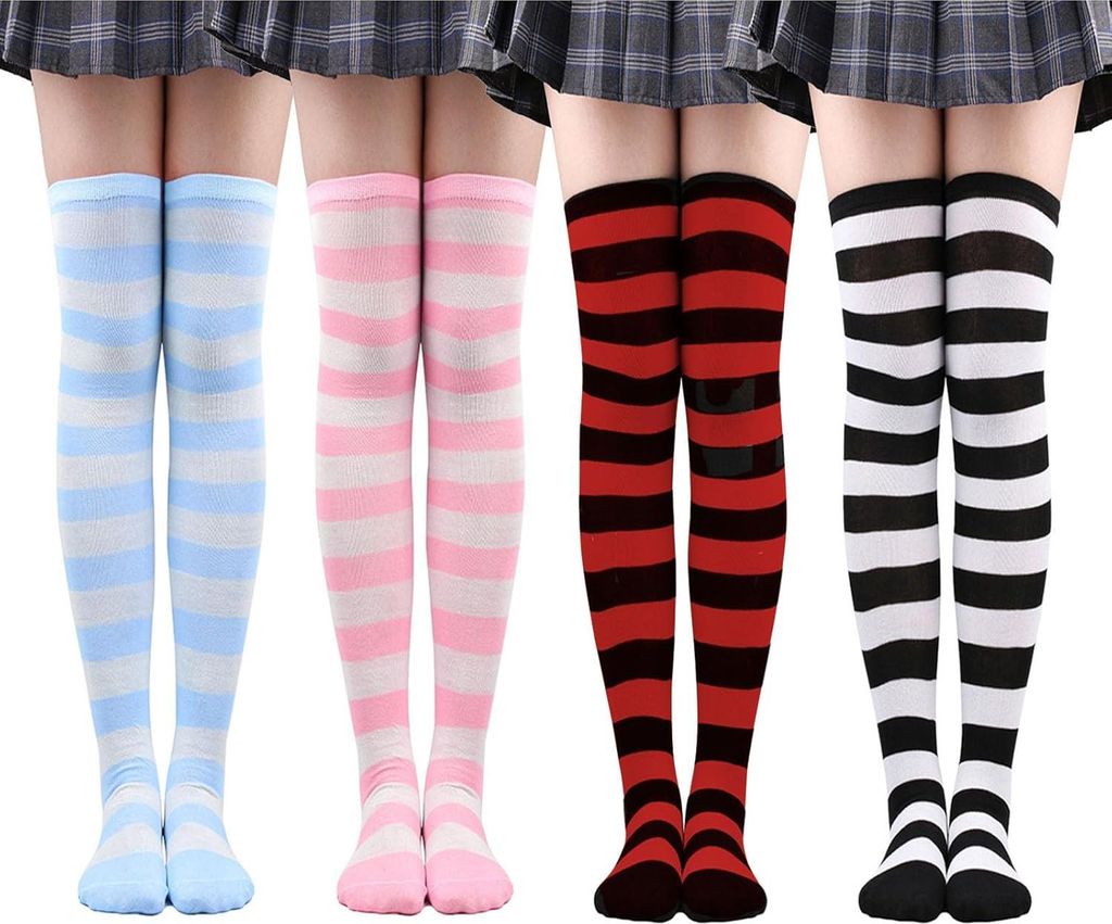 4 Paar Gestreifte Overknees Strümpfe Damen Baumwolle Produktbild 