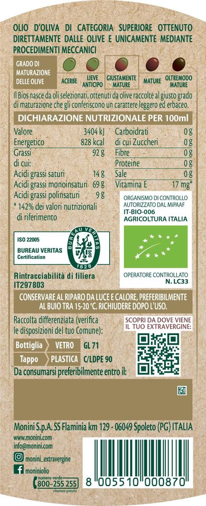 Monini Bios Olio Extravergine di Oliva Natives Olivenöl Extra 750ml