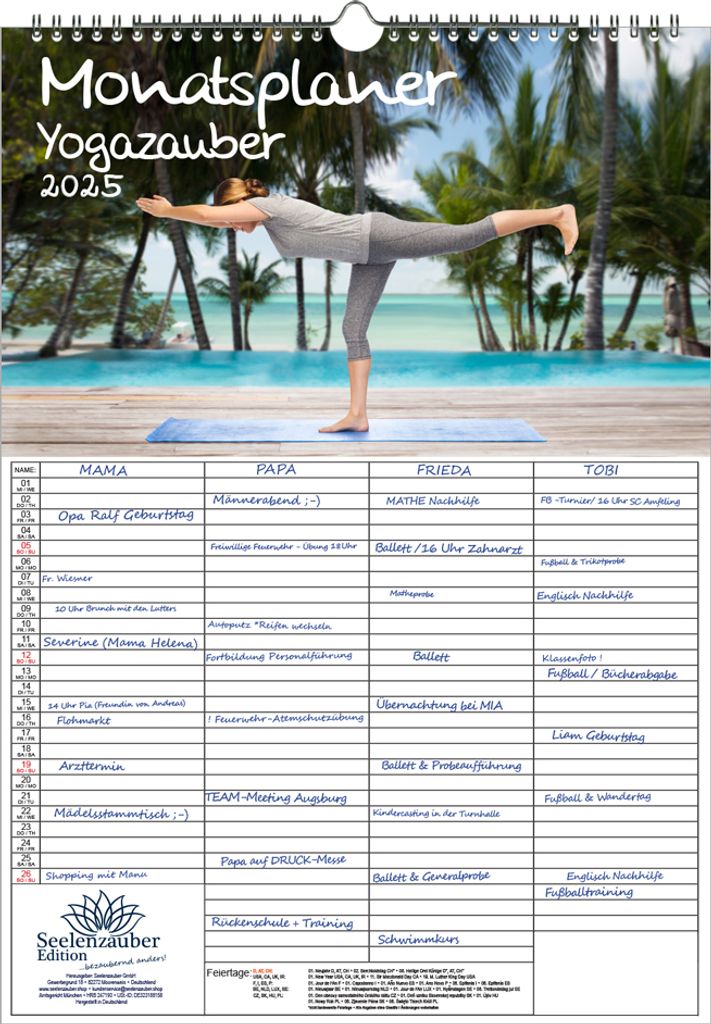Yogazauber Planer Wandplaner Familienplaner 4 Spaltenplaner DIN A3 Kalender für 2025 Yoga Entspannen Ying Zen - Seelenzauber