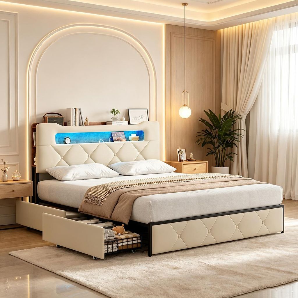 Letto matrimoniale 160 x 200 cm con LED e USB, imbottito Immagine del prodotto 