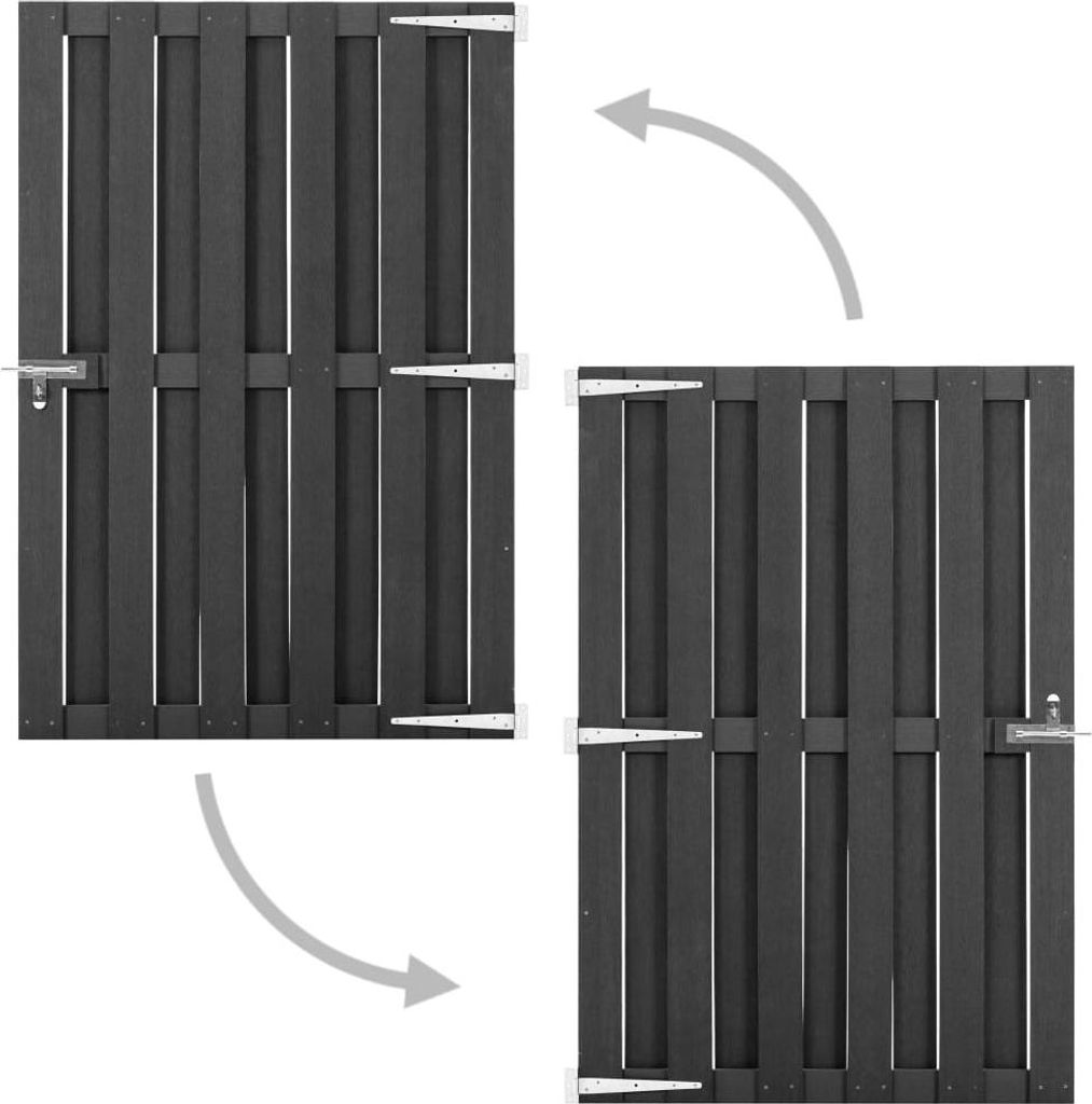 Two images of a dark gray garden gate, showing its movement.