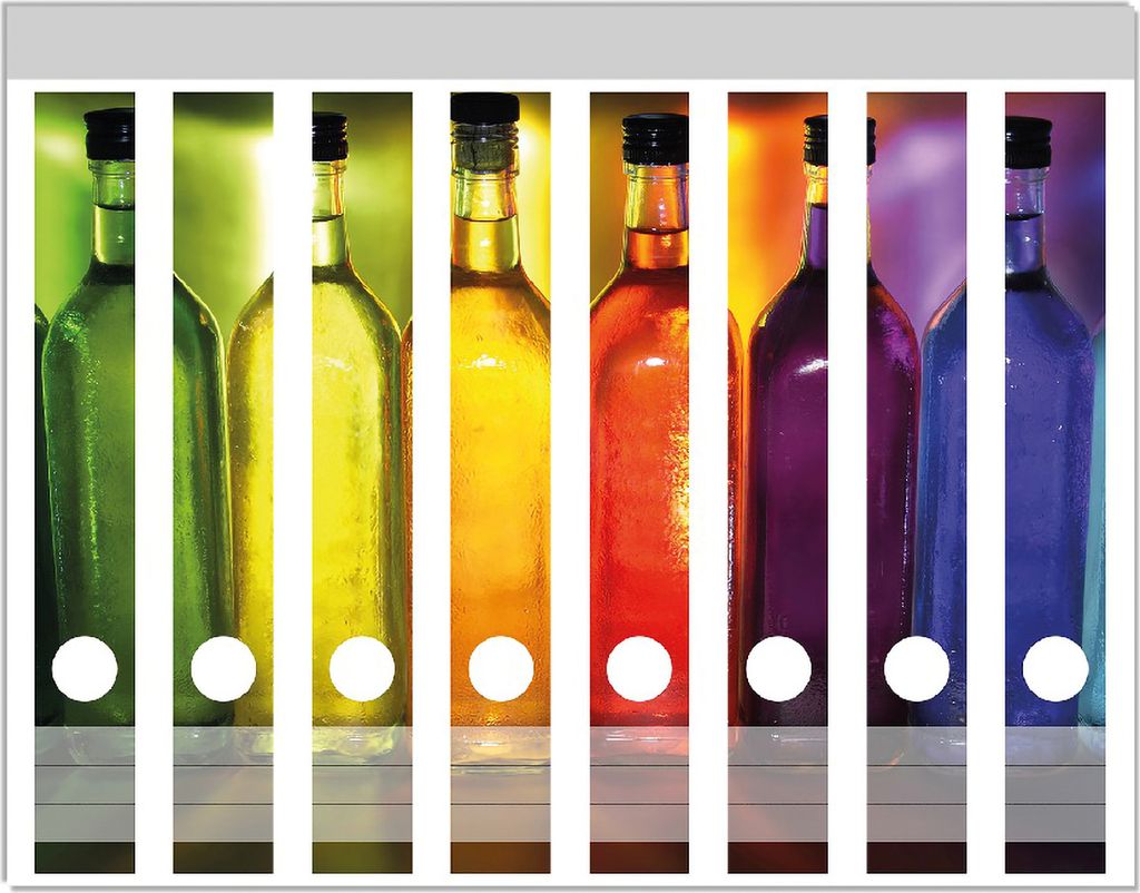 Wallario Ordnerrücken Sticker, selbstklebend für schmale Ordner, 8 Stück, Motiv Bunte Flaschen im Regal