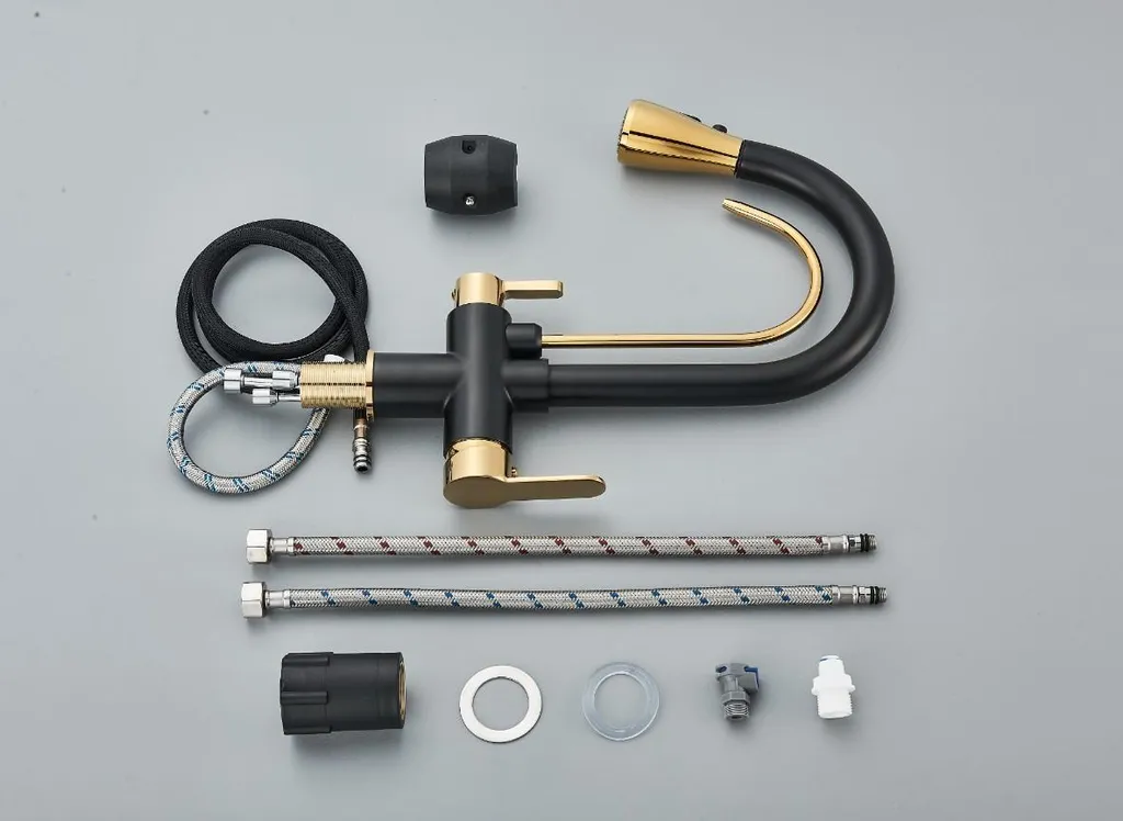 Rubinetto da cucina ARI a 3 vie estraibile nero-oro in ceramica - 11