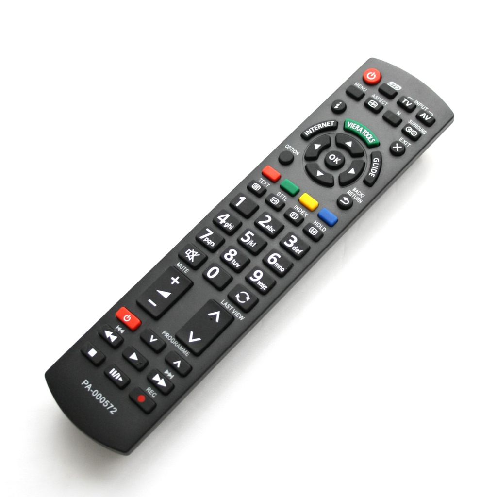 A black remote control is shown against a white background.