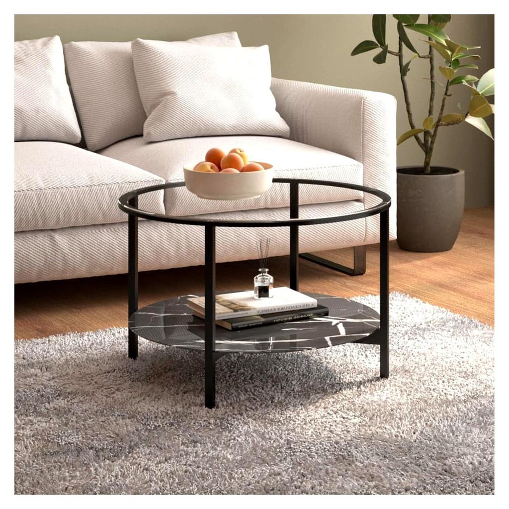 Beistelltisch mit schwarzer Marmor-Optik und Hartglasplatte, 70 cm, stabiler Tisch in Schwarz mit unterer Ablage für das Wohnzimmer