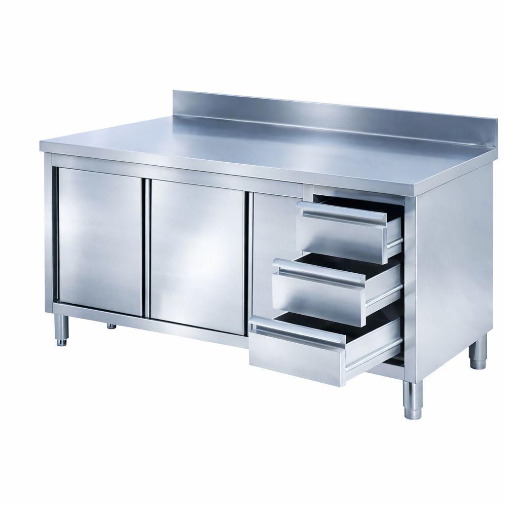 Edelstahl Arbeitsschrank PREMIUM 2000 x 700 mm mit 3 Schubladen rechts & Aufkantung