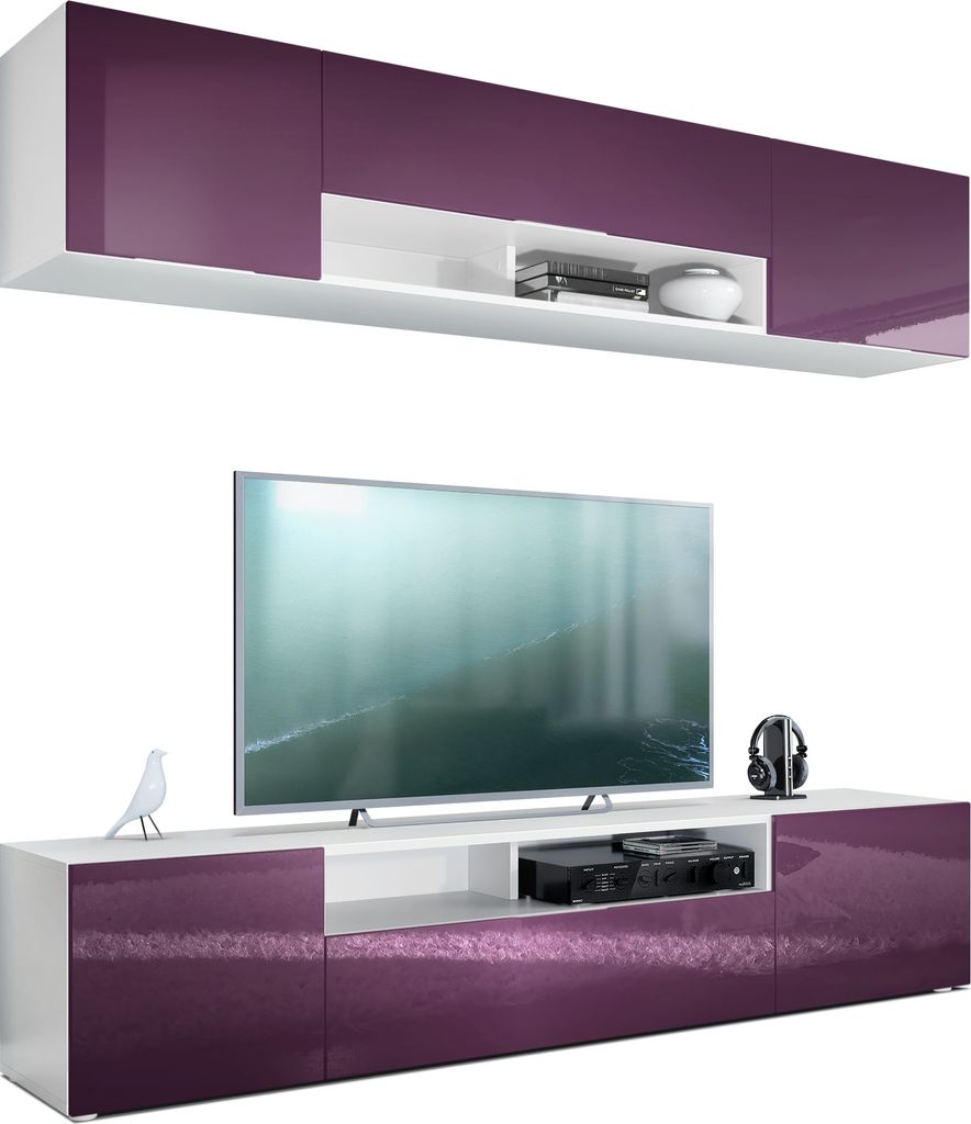 Vladon Wohnwand Mogan, Weiß matt/Brombeer Hochglanz - Moderne Anbauwand bestehend aus 2 TV-Boards (181 x 147 x 35 cm)