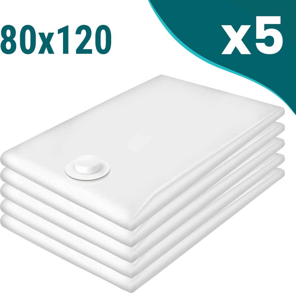 A stack of five white vacuum seal bags for clothing, with a valve visible on the top bag.