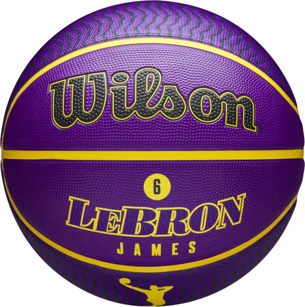 A purple and yellow basketball with the Wilson and LeBron James branding.