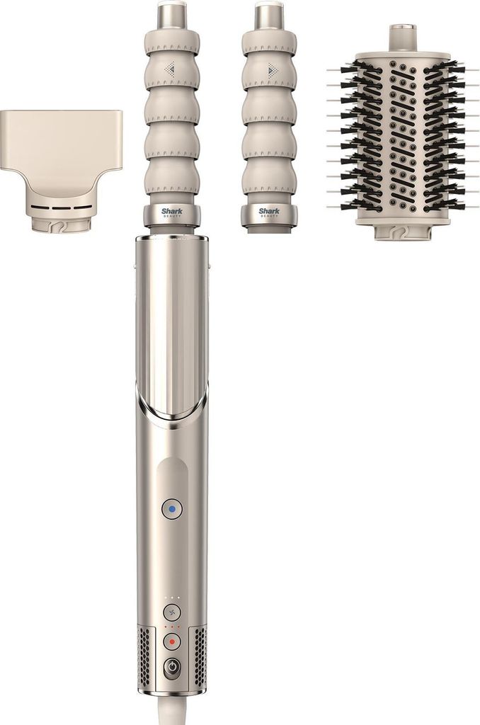 A hair styling tool with multiple attachments, displayed against a white background.