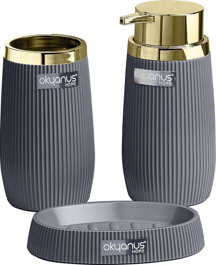 Okyanus Badzubehör Set 3-Tlg Stripe grau Seifenspender Seifenschale Becher Badezimmer Dekoration