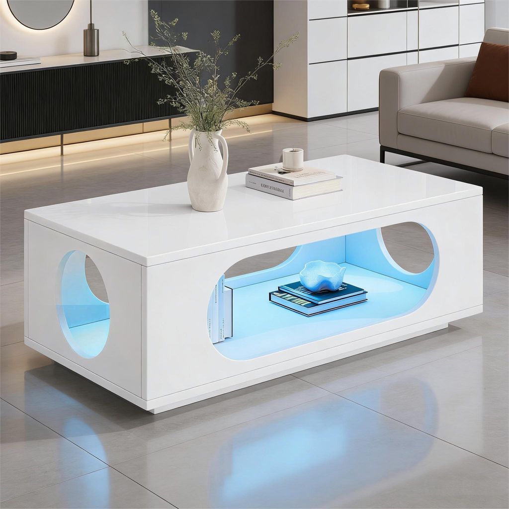 Merax Couchtisch mit LED Beleuchtung, Hochglanz Wohnzimmertisch mit App-Steuerung, großer Stauraum, Sofatisch mit Kabelmanagement, MDF Tisch, Weiß