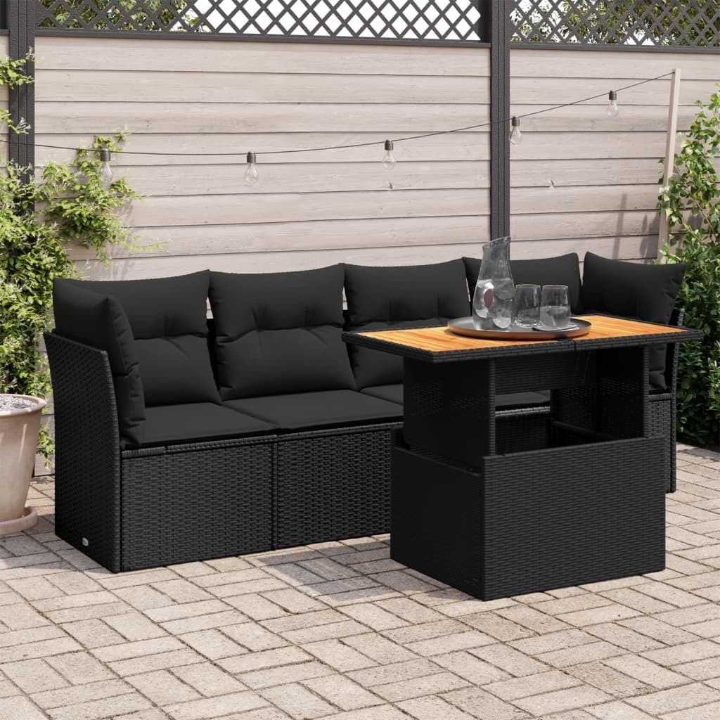 "Rabatt" 5-tlg. Garten-Sofagarnitur - mit sofa - mit Kissen Schwarz Poly Rattan - Lounge-Dining set CC12046
