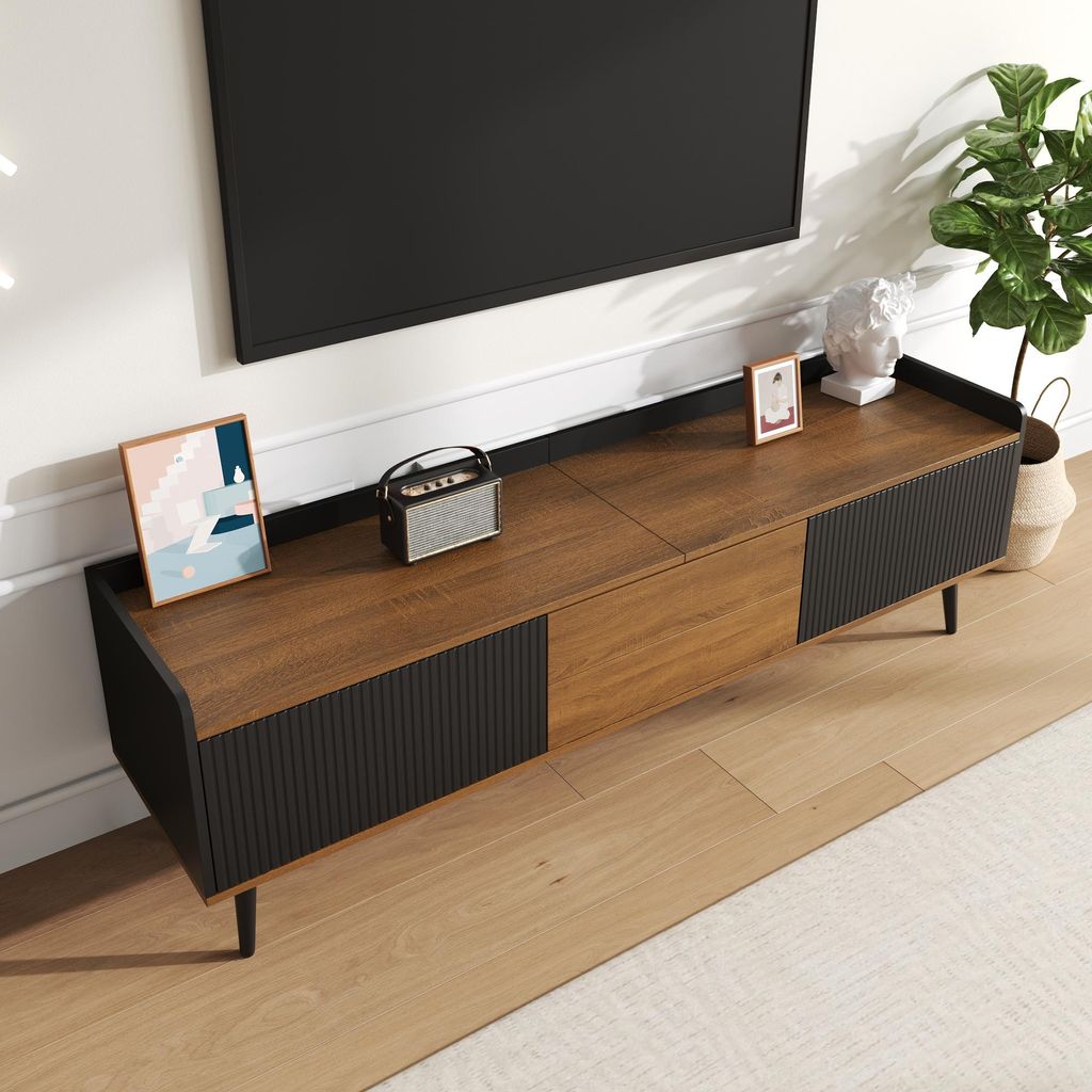 MODFU Modernes TV-Schrank mit kompakte Konstruktion,Farbmix-Mediaschrank mit natürliches Holzfinish und Dreitür-Design,Schwarz+Natur