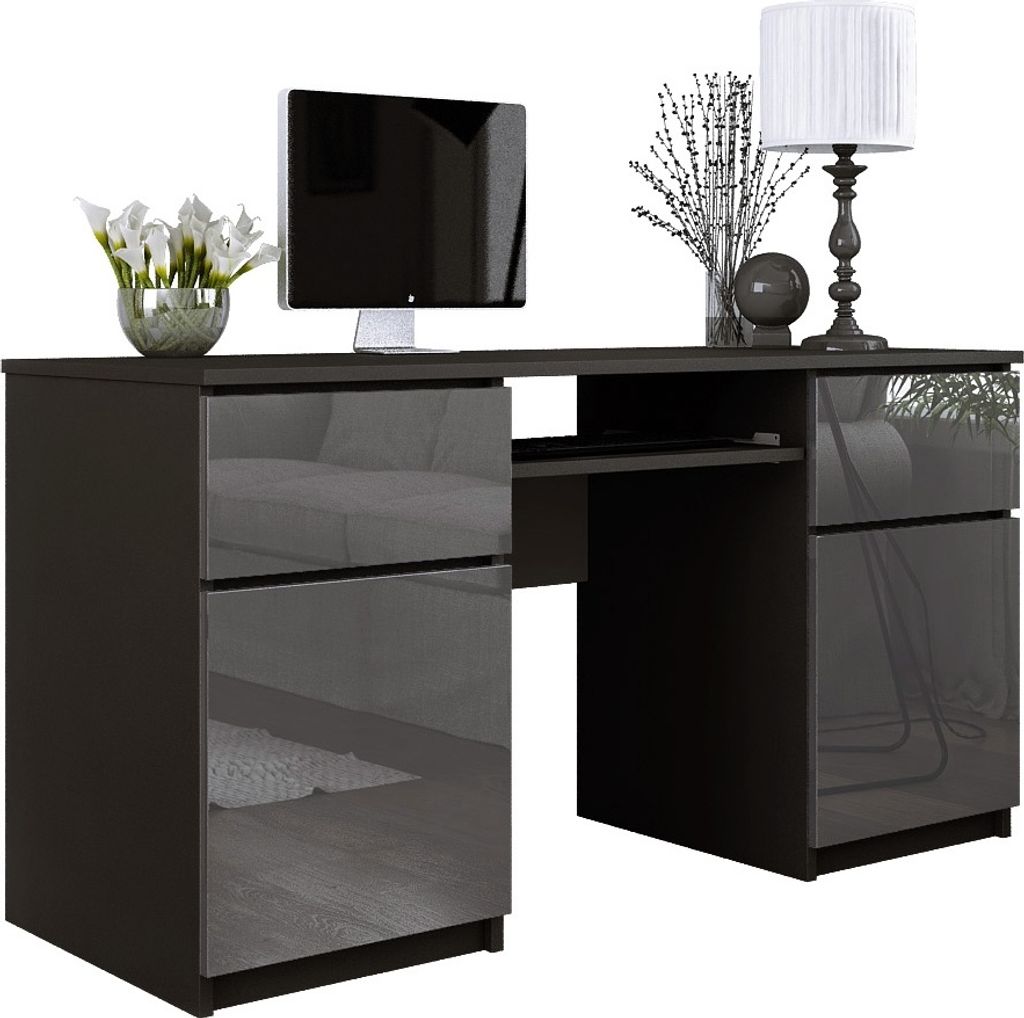 Schreibtisch: 2 Schubladen, Mattschwarz / Glanzgrau, 135 x 77 x 50 cm