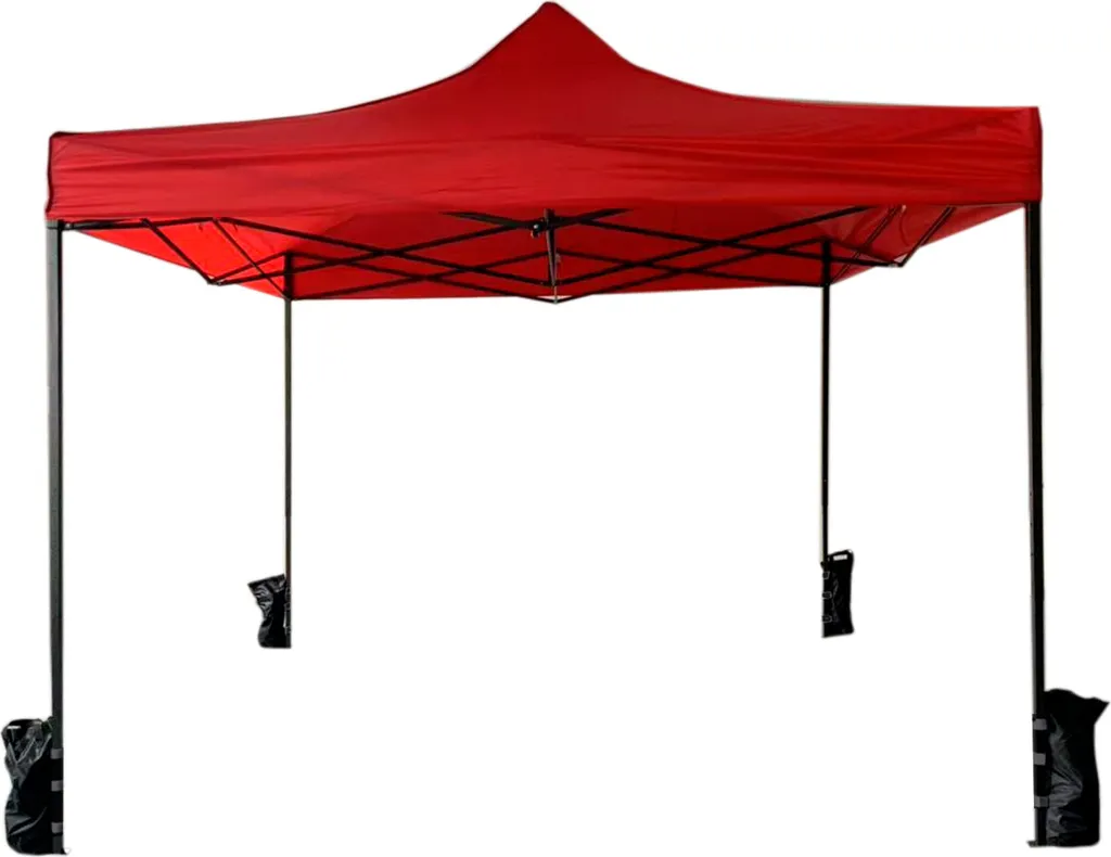 Pavillon pliable 3x3 stable face au vent grâce aux 4 poids en métal rouge