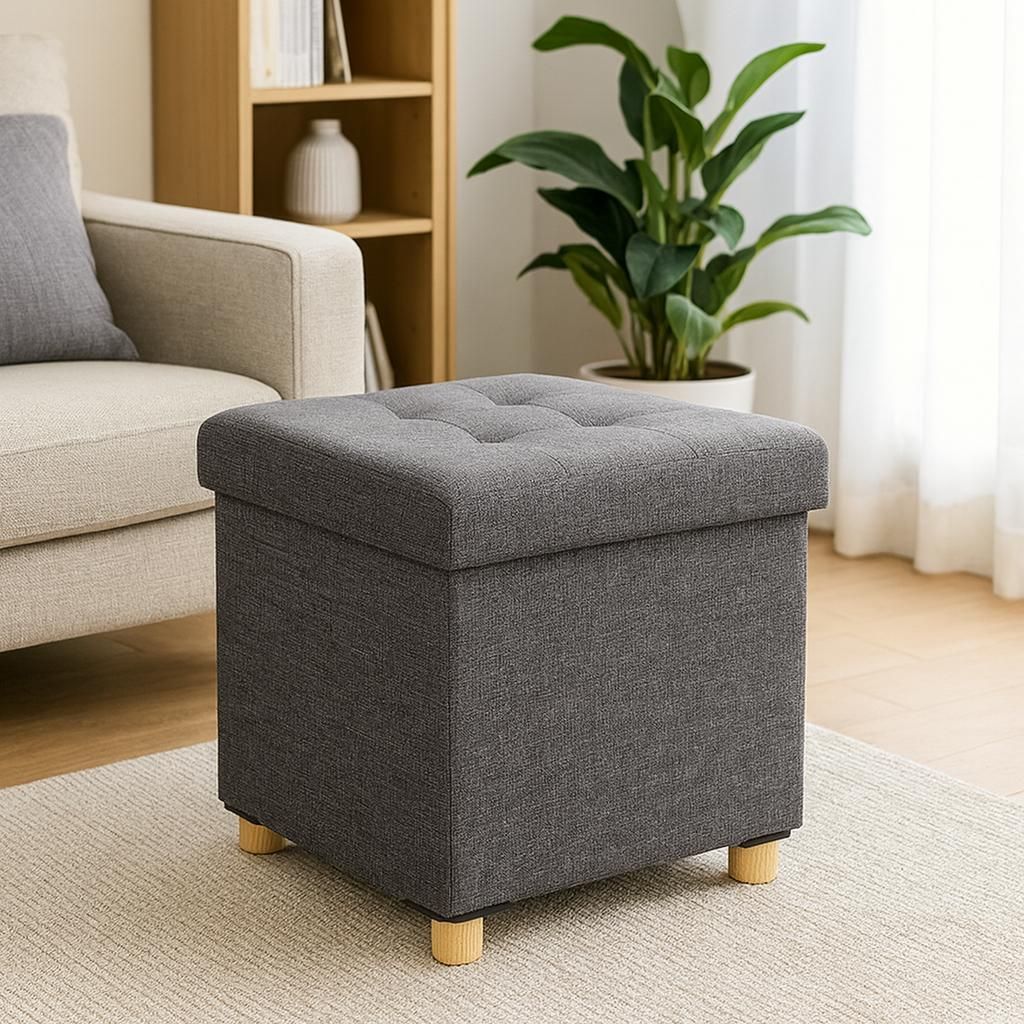 belviona Aufbewahrungshocker, faltbarer Sitzwürfel mit 40 Liter Stauraum, Leinenbezug, bis 300 kg belastbar, 38x38x38 cm, grau
