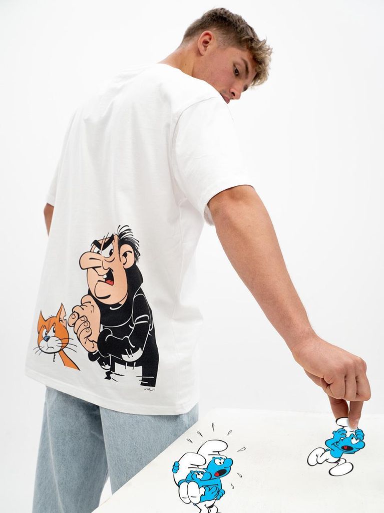 Herren Kurzarm T-Shirt in Übergröße Weiß Schlümpfe Gargamel und Azrael M