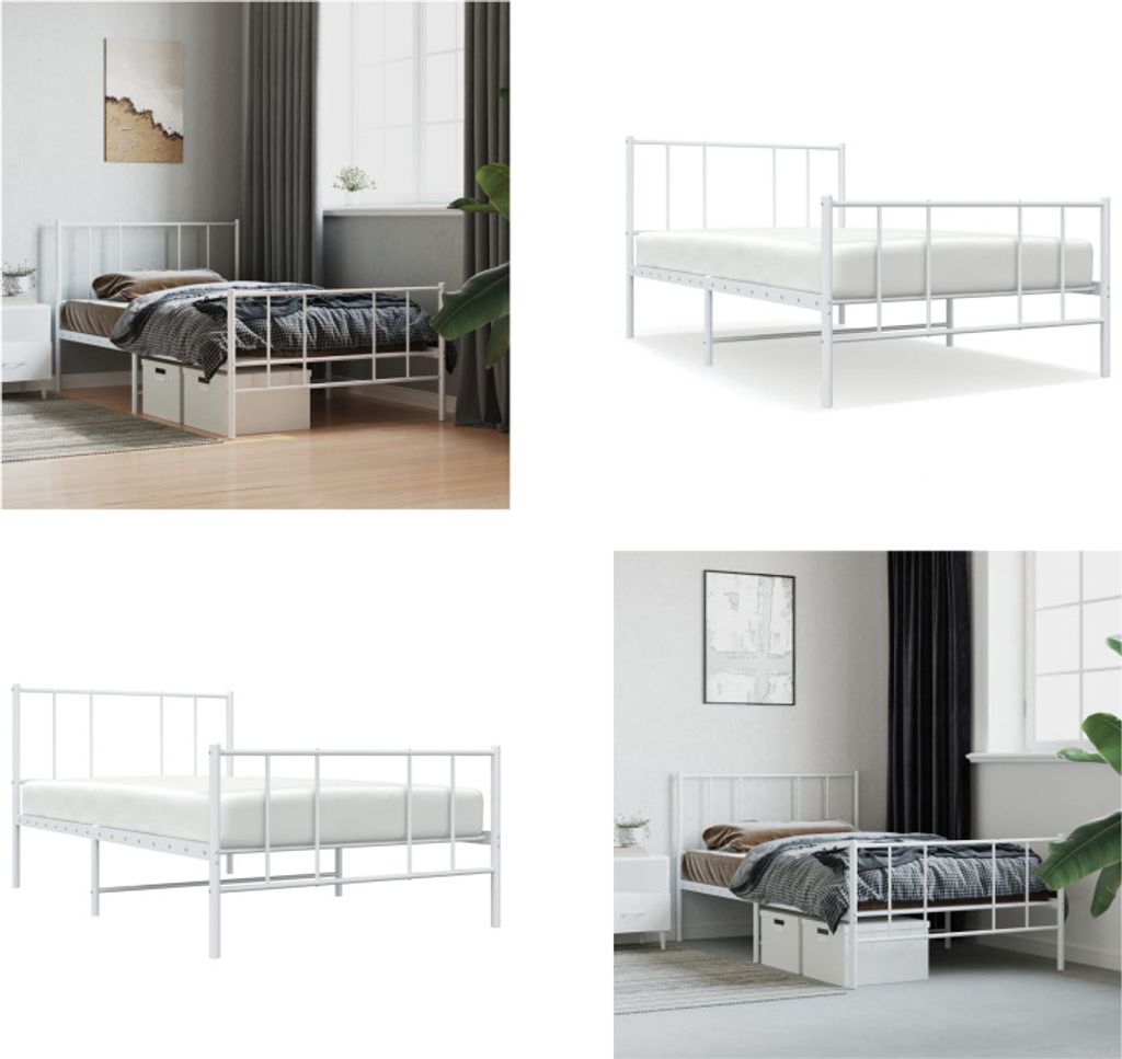 vidaXL Bettgestell mit Kopf und Fußteil Metall Weiß 90x190 cm - Bettgestell - Bettgestelle - Bettrahmen - Bett