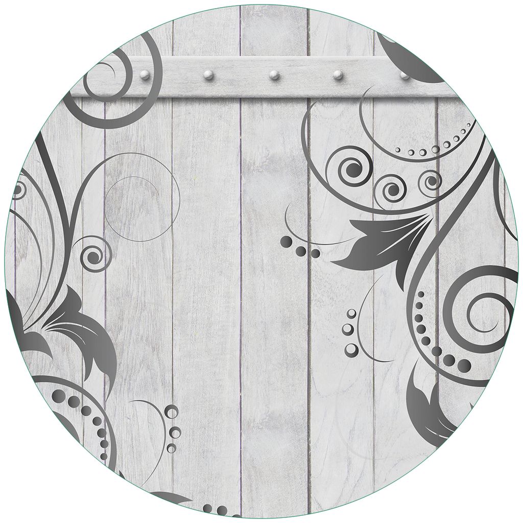 Wallario Premium Glasbild, freischwebende Optik, kräftige Farben, rund 50cm Durchmesser, Motiv Graue Holztür mit Schnörkelmuster