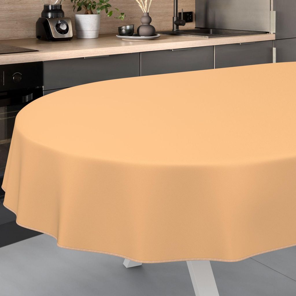 Tischdecke Textil-Optik UNI Peach Oval 160x140cm mit Band-Kante Wachstuch abwaschbar