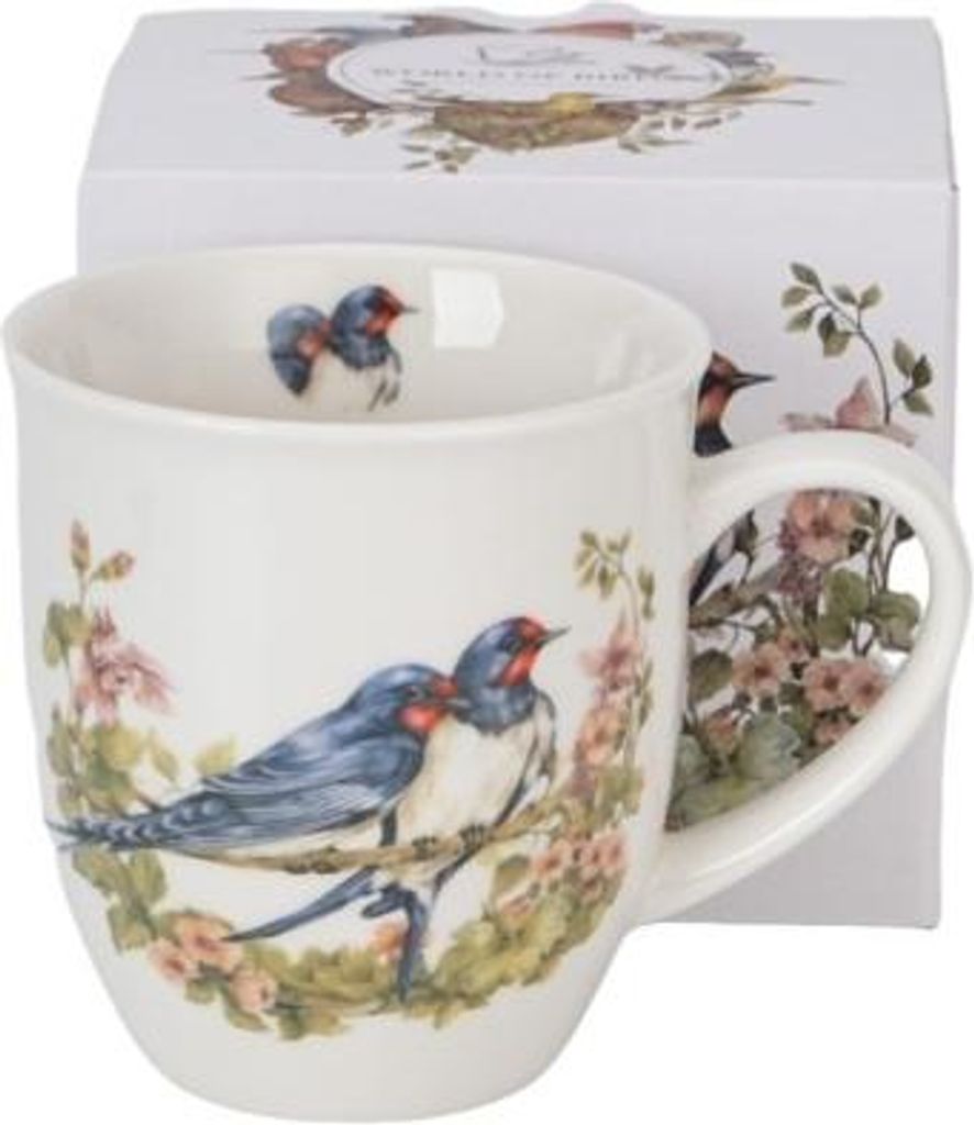 A mug with a bird design and its packaging.