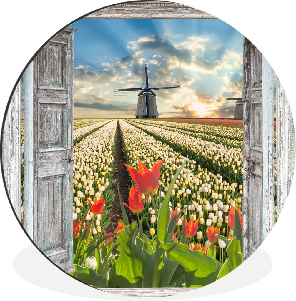 MuchoWow Aluminium Wandkreis Blumen - Mühle - Frühling - Ausblick Ø 30 cm Wanddeko Modern Wohnzimmer - Wand Bild - Wohnzimmer - Runde Bilder -...