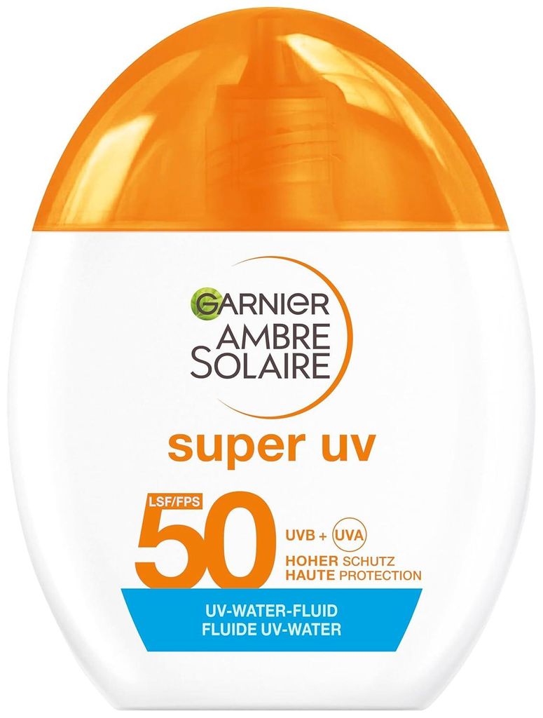 Garnier Ambre Solaire Super UV UV-Water-Fluid LSF 50 – Erfrischende Sonnencreme für das Gesicht – 12h Frische & Dry-Touch Effekt – Zieht sch...