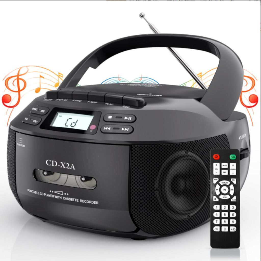 AIORBER Multifunktionaler CD Player, Bluetooth 5.1 Tragbar Kassettenradio mit USB, MP3, AM/FM, Fernbedienung, Schwarz
