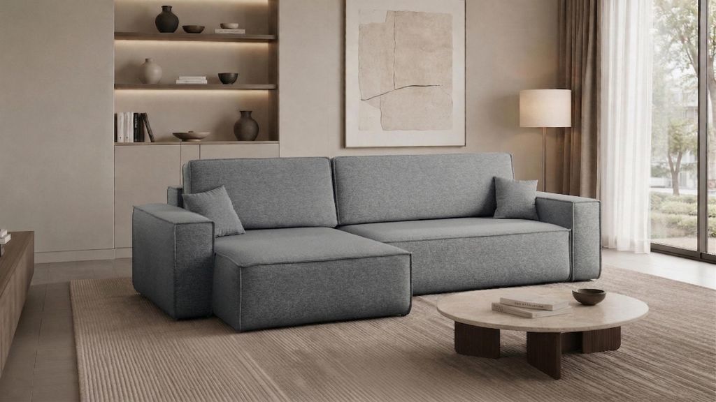 Kaiser Möbel Ecksofa mit schlaffunktion und bettkasten, Eckcouch Best XL stoff Verita Grau Links