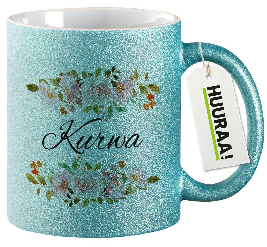 Huuraa Glitzertasse Kurwa polnisch Blumen 330ml Blau Keramik Kaffeebecher Geschenkidee