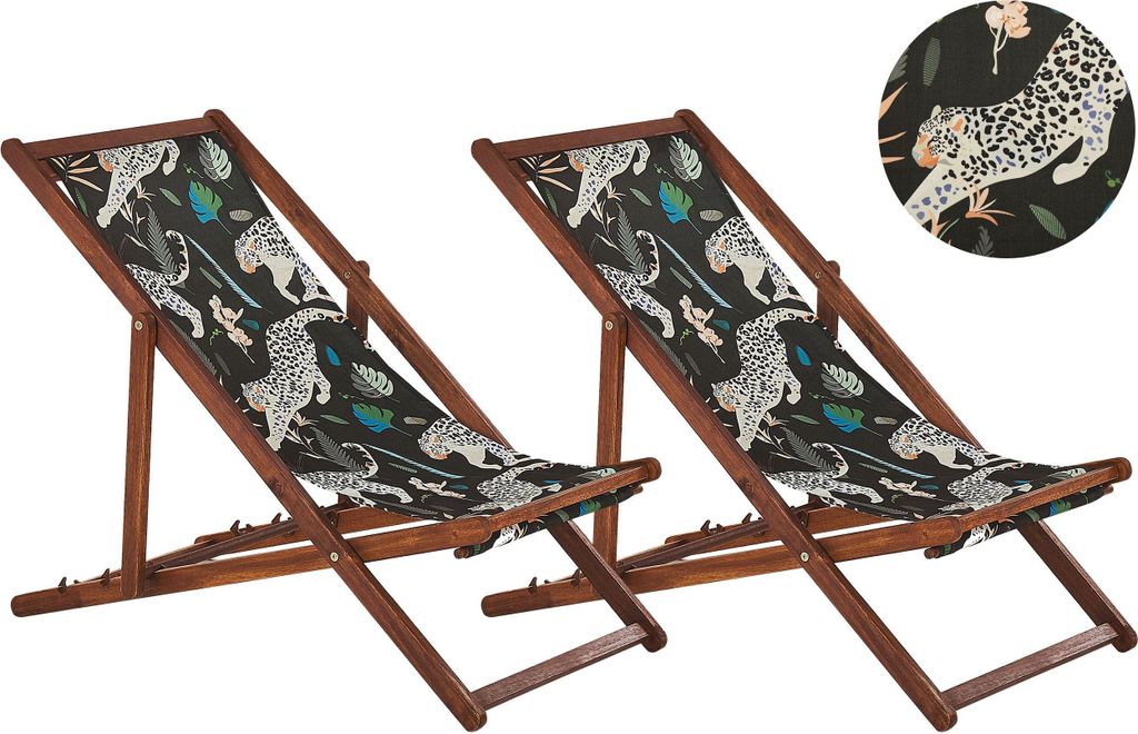 BELIANI Liegestuhl 2er Set Dunkelbraun Akazienholz mit Schwarzem Bezug Gepardenmotiv Klappbar Gartenausstattung Outdoor Gartenzubehör Modern