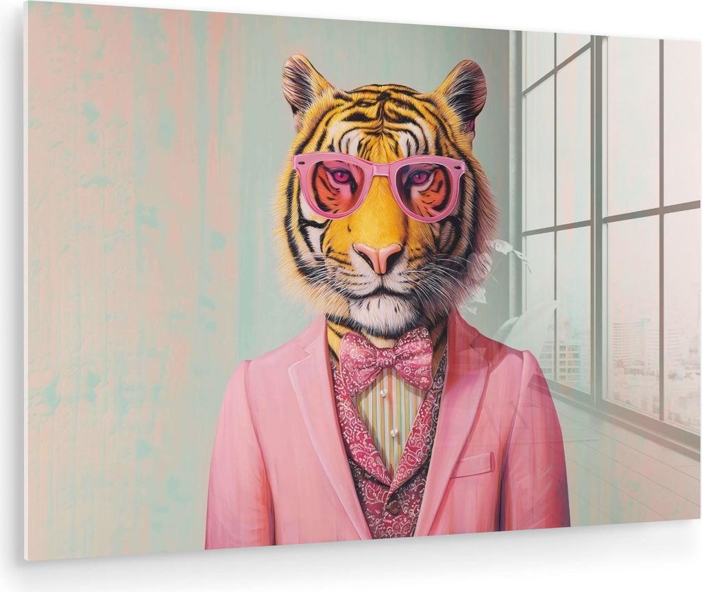 MuchoWow Glasbilder - Bilder auf Wandbild - Foto auf Glas Tiger - Fliege - Jacke - Rosa 90x60 cm Wanddekoration aus Glas - Acrylglasbild - Acrylbil...