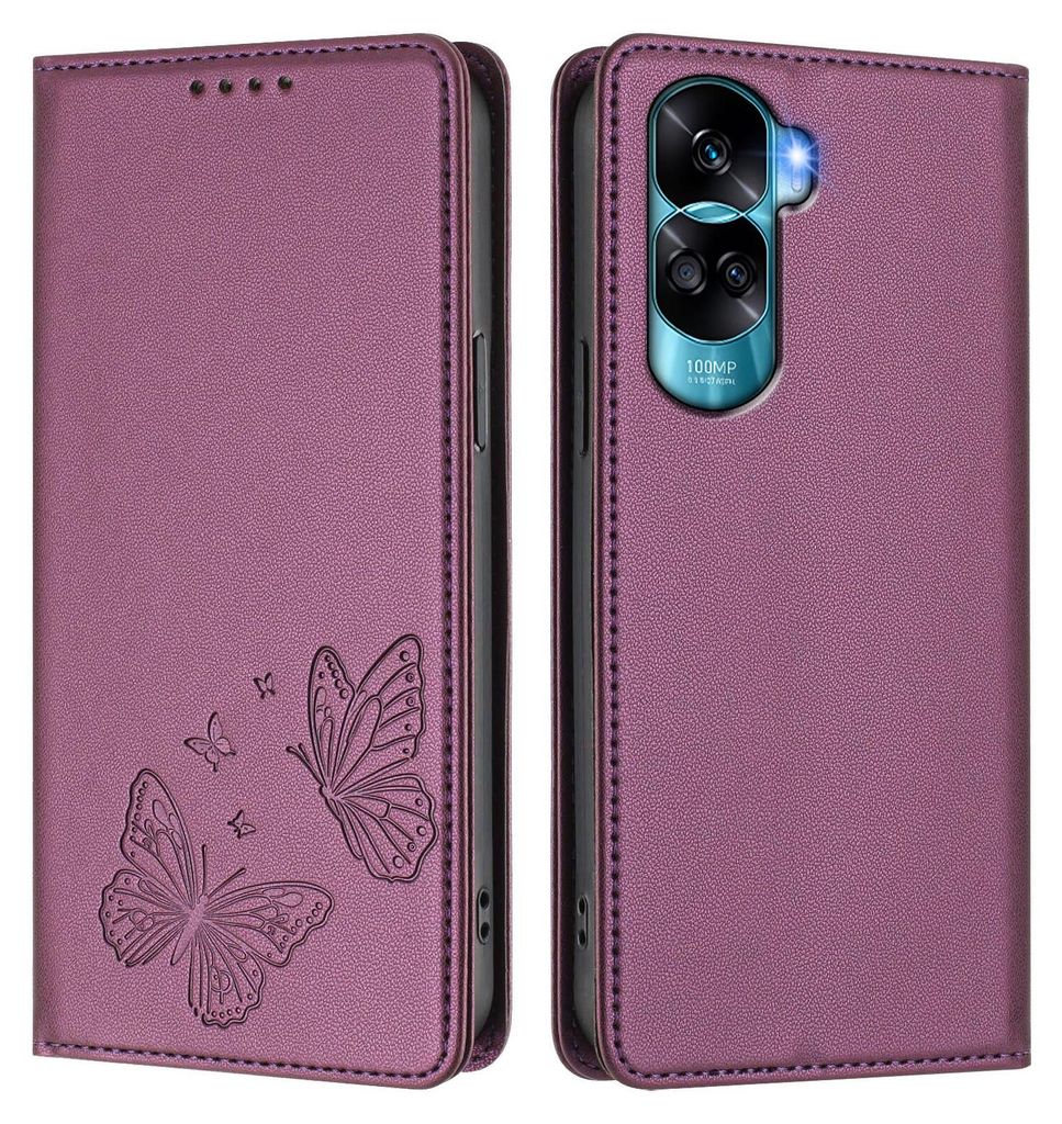 Lederhülle für Honor 90 Lite, Schmetterling Prägung Leder Brieftasche Schutzhülle mit Ständer Lila
