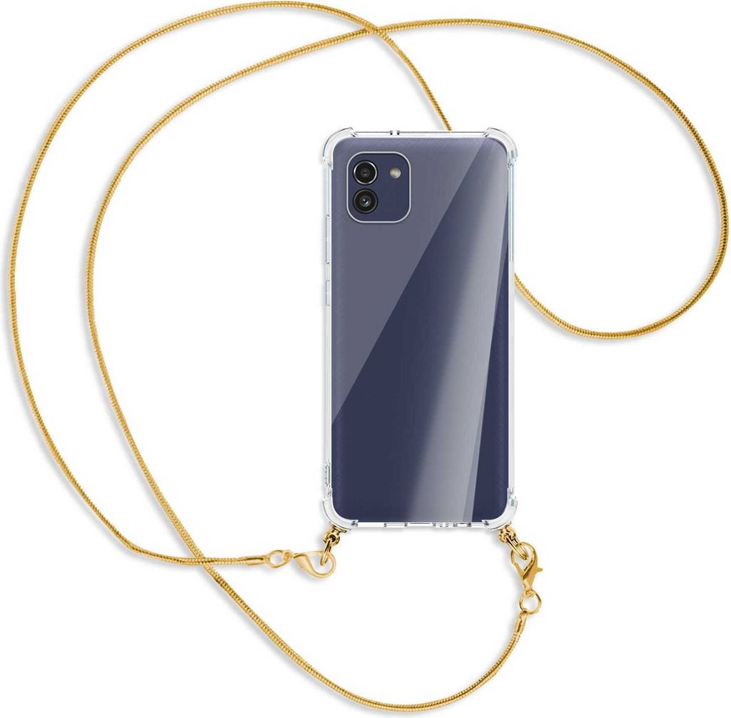 Handykette Backcover-Schutzhülle mit Band (Metall goldfarben) für Samsung Galaxy A03 4G - goldfarbene Snake-Kette