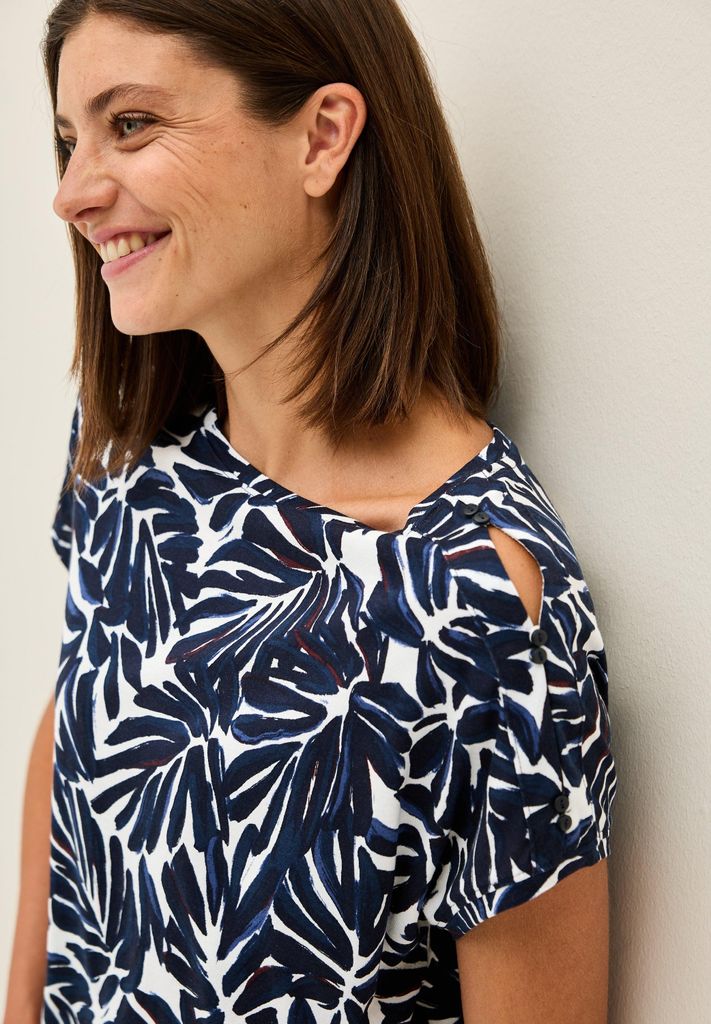 CECIL T-Shirt 'Print-Shirt mit Knopfdetail', B323704, urban dark blue, Gr. L