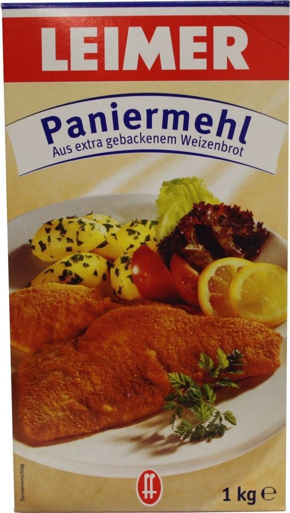 A box of Leimer breadcrumbs with an image of a prepared meal.