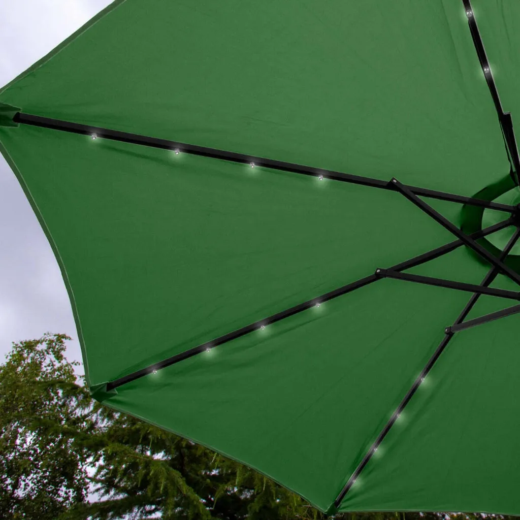 Parasol 2.7m Vert avec LED Intégrées et Fonction Bascule de Jardin