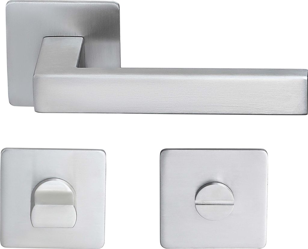 A set of door handles and related hardware, made of brushed metal, displayed against a white background.