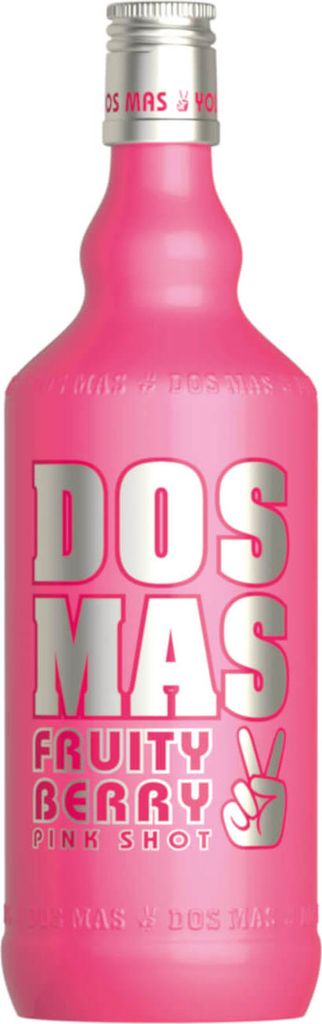 A pink bottle of Dos Mas Fruity Berry Pink Shot.