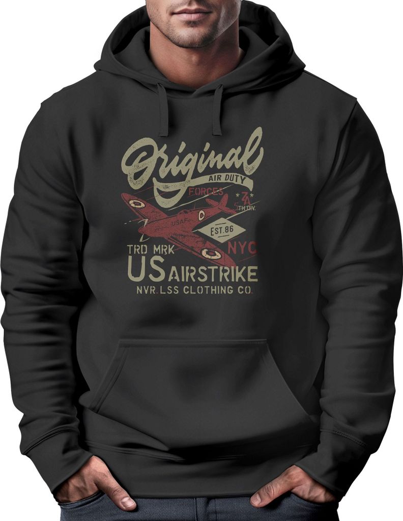 Hoodie Herren US Airforce Army Motiv Spitfire Flugzeug Vintage Motiv Retro Schriftzug Kapuzen-Pullover Männer Fashion Streetstyle Neverless schw...