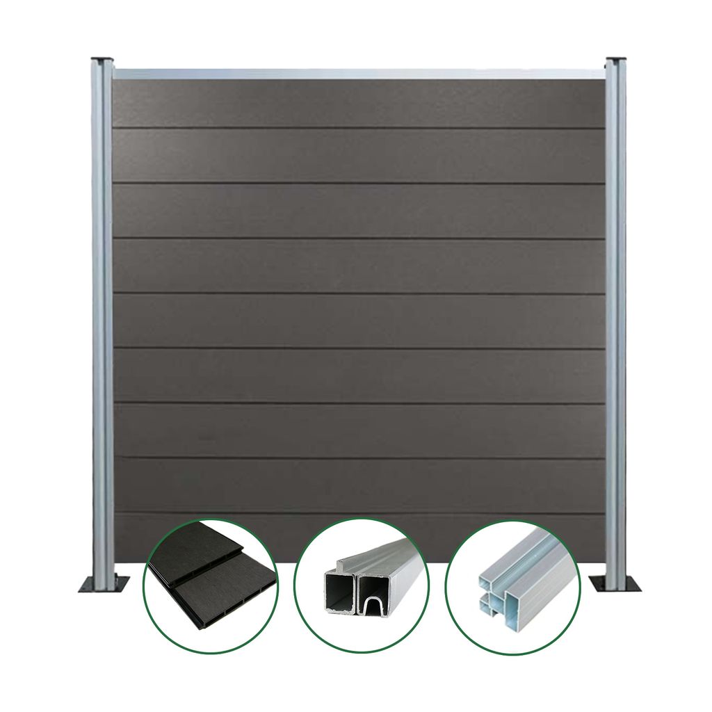 Woodstore24 - WPC Sichtschutzzaun - anthrazit – 7 x Zaun & 8 x Pfosten - 185 cm x 180 cm - Gartenzaun Komplettset - inkl. Pfosten Silber eloxiert